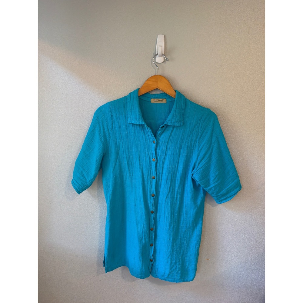 Ezze Wear Button Down Shirt Women Small Blue Cotton Crinkle Gauze Canada